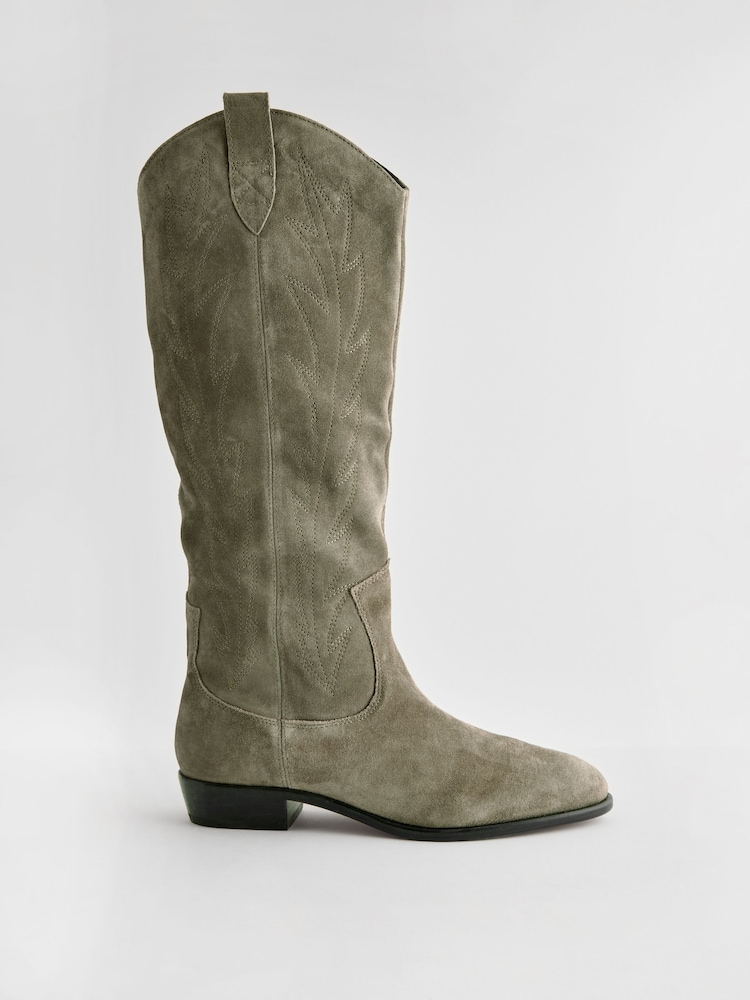 كاكي أخضر - Forever Comfort® Suede Stitched Cowboy Knee High Boots - Image 6 of 9