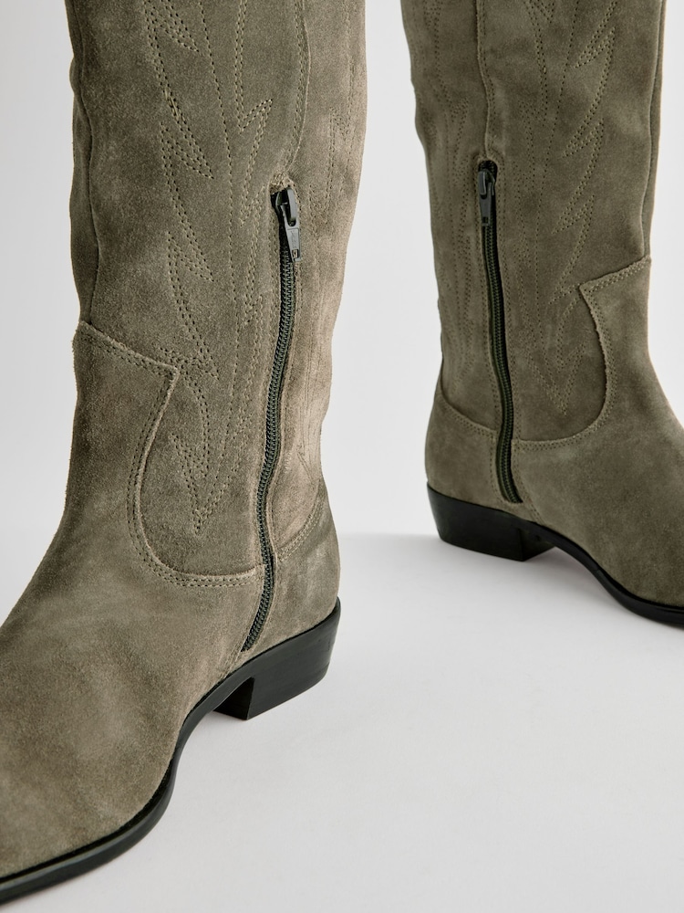 كاكي أخضر - Forever Comfort® Suede Stitched Cowboy Knee High Boots - Image 8 of 9