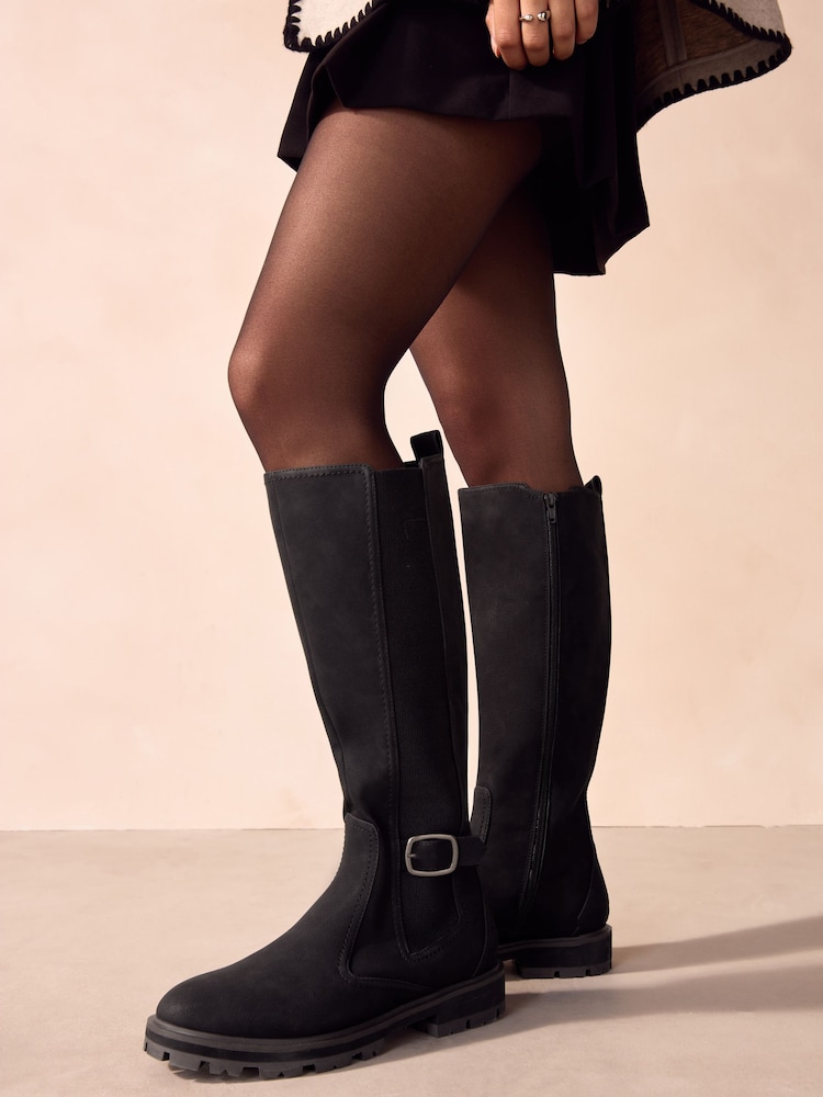Black Standard/Wide Fit Forever Comfort® Knee High Buckle Chelsea Boots - Image 1 of 9