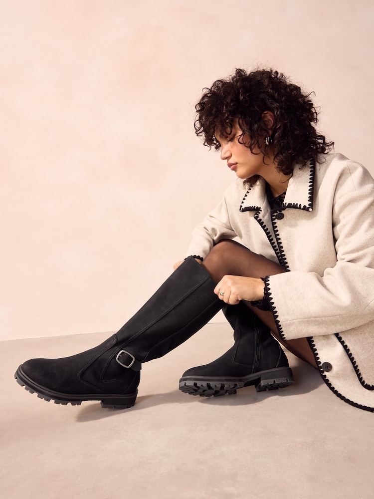 Black Standard/Wide Fit Forever Comfort® Knee High Buckle Chelsea Boots - Image 2 of 9