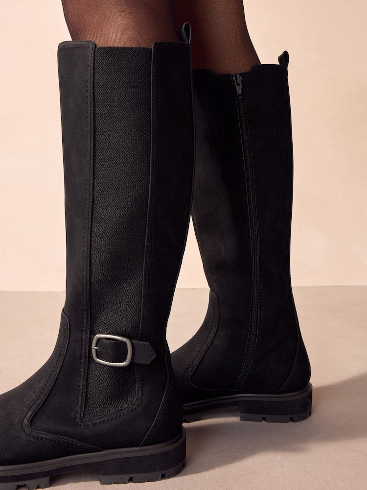 Black Standard/Wide Fit Forever Comfort® Knee High Buckle Chelsea Boots - Image 3 of 9