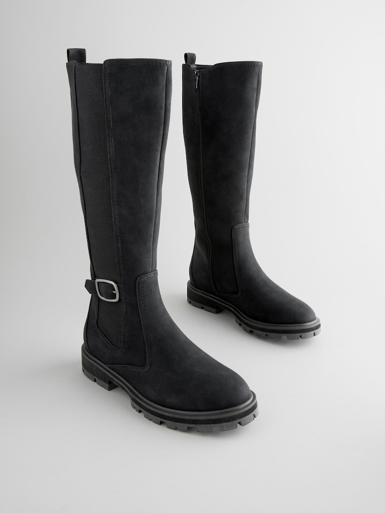 Black Standard/Wide Fit Forever Comfort® Knee High Buckle Chelsea Boots - Image 4 of 9