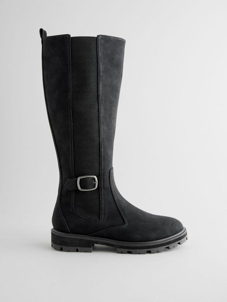 Black Standard/Wide Fit Forever Comfort® Knee High Buckle Chelsea Boots - Image 5 of 9