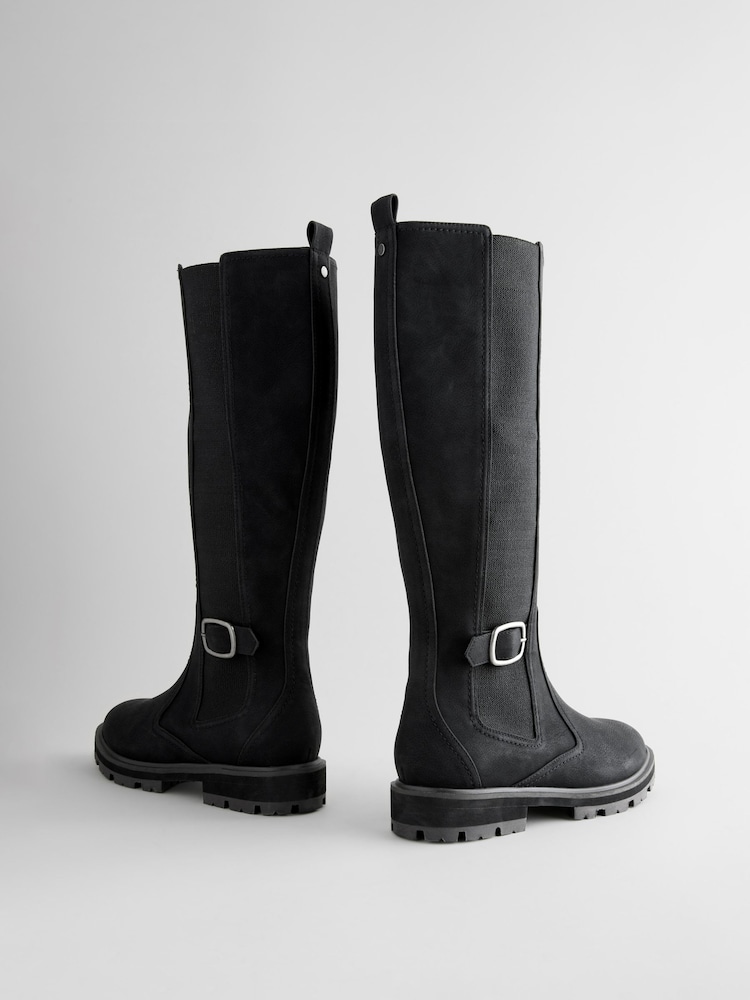 Black Standard/Wide Fit Forever Comfort® Knee High Buckle Chelsea Boots - Image 6 of 9