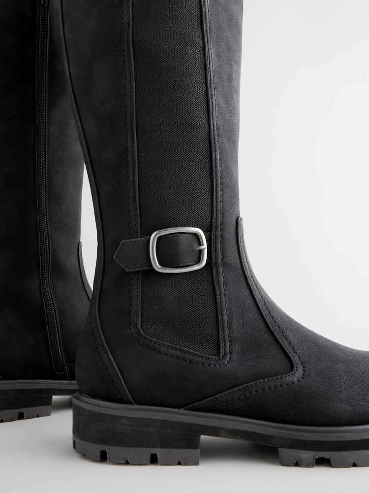 Black Standard/Wide Fit Forever Comfort® Knee High Buckle Chelsea Boots - Image 9 of 9