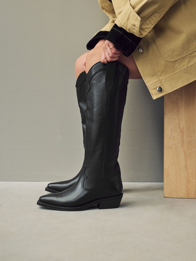 Black Leather Forever Comfort® Cowboy Boho Knee High Boots - Image 1 of 9