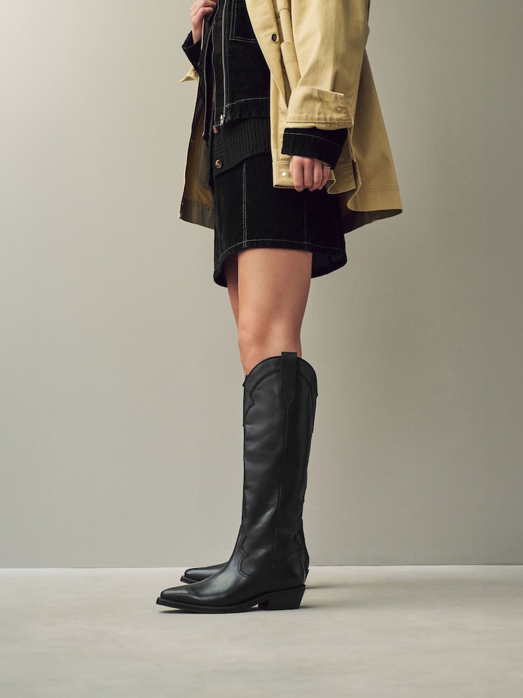 Black Leather Forever Comfort® Cowboy Boho Knee High Boots - Image 2 of 9