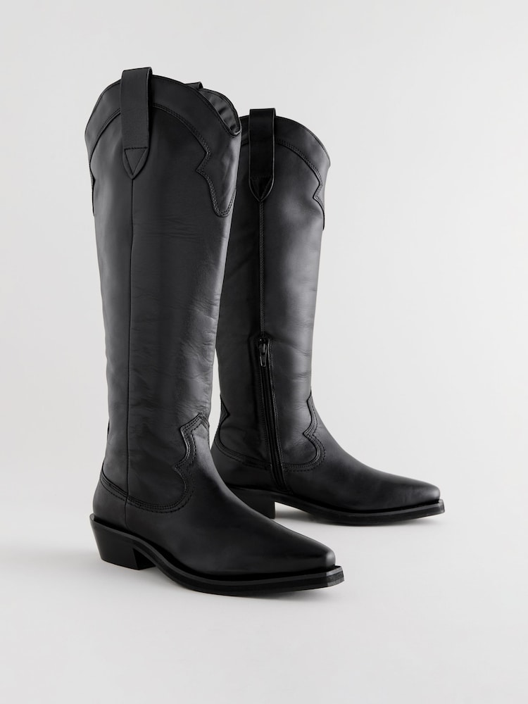 Black Leather Forever Comfort® Cowboy Boho Knee High Boots - Image 4 of 9