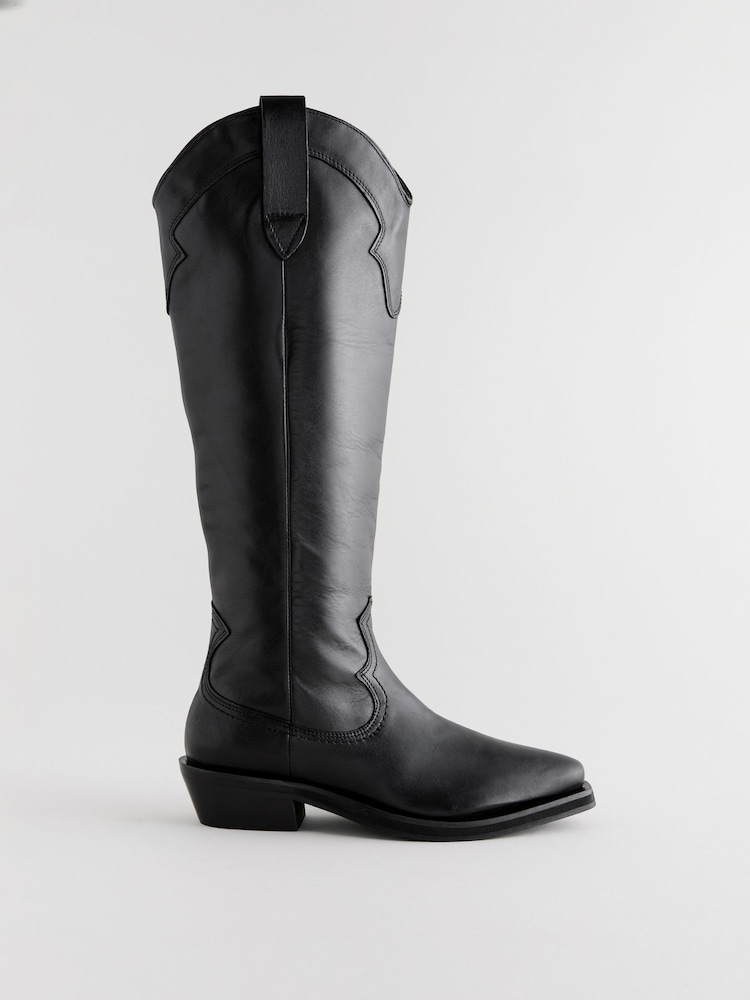 Black Leather Forever Comfort® Cowboy Boho Knee High Boots - Image 5 of 9