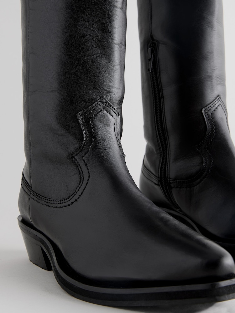 Black Leather Forever Comfort® Cowboy Boho Knee High Boots - Image 8 of 9