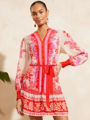 V&A | Love & Roses Red Paisley Printed V Neck Belted Mini Dress - Image 1 of 4