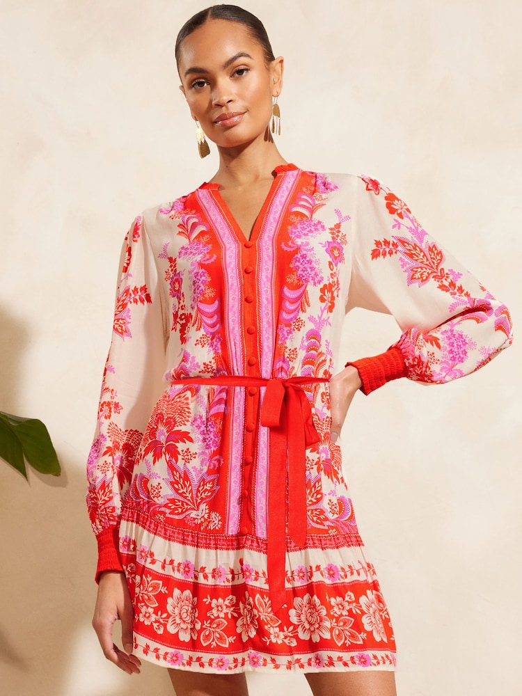 V&A | Love & Roses Red Paisley Printed V Neck Belted Mini Dress - Image 1 of 4