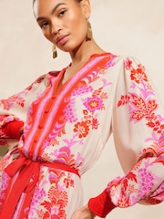 V&A | Love & Roses Red Paisley Printed V Neck Belted Mini Dress - Image 2 of 4
