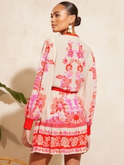 V&A | Love & Roses Red Paisley Printed V Neck Belted Mini Dress - Image 3 of 4