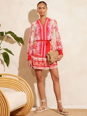 V&A | Love & Roses Red Paisley Printed V Neck Belted Mini Dress - Image 4 of 4