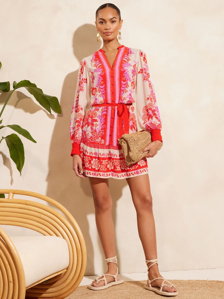 V&A | Love & Roses Red Paisley Printed V Neck Belted Mini Dress - Image 4 of 4