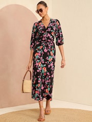 Love & Roses Black Floral Ruched 3/4 Sleeve Jersey Midi Dress - Image 1 of 4