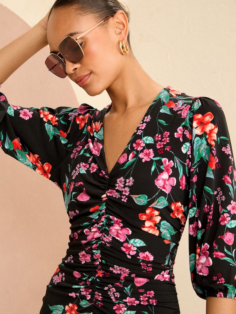 Love & Roses Black Floral Ruched 3/4 Sleeve Jersey Midi Dress - Image 2 of 4 Love & Roses Black Floral Ruched 3/4 Sleeve Jersey Midi Dress - Image 2 of 4