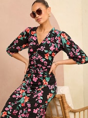 Love & Roses Black Floral Ruched 3/4 Sleeve Jersey Midi Dress - Image 4 of 4