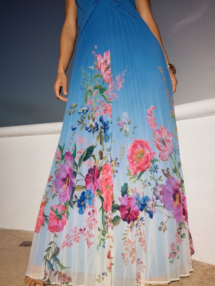 V&A | Love & Roses Blue Floral Placement Halterneck Plunge Dress - Image 3 of 3 V&A | Love & Roses Blue Floral Placement Halterneck Plunge Dress - Image 3 of 3