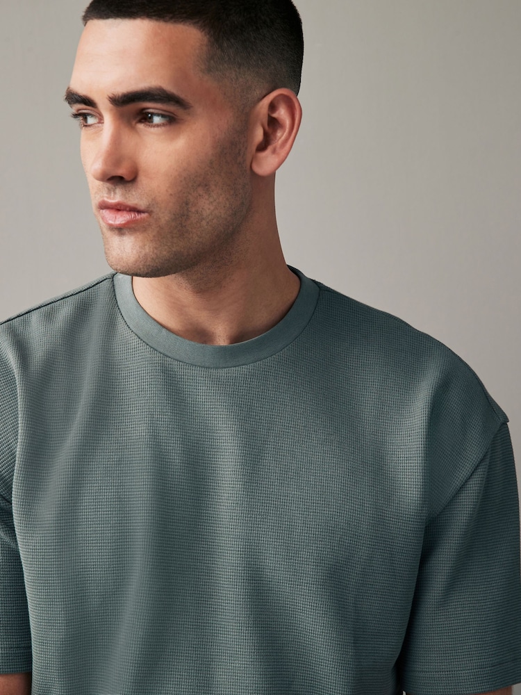 Green 100% Cotton Textured Microwaffle T-Shirt - Image 1 of 8