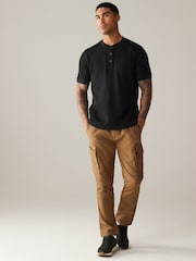 Black Short Sleeve Grandad Collar 100% Cotton T-Shirt - Image 2 of 7