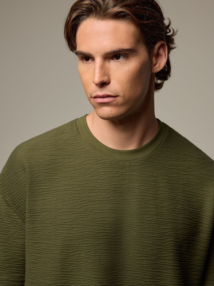 Khaki Green Relaxed Fit Textured T-Shirt - Image 1 of 9 Khaki Green Relaxed Fit Textured T-Shirt - Image 1 of 9