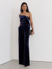 Reiss Navy Dasha Velvet Structured Strapless Wide-Leg Jumpsuit - Image 1 of 7