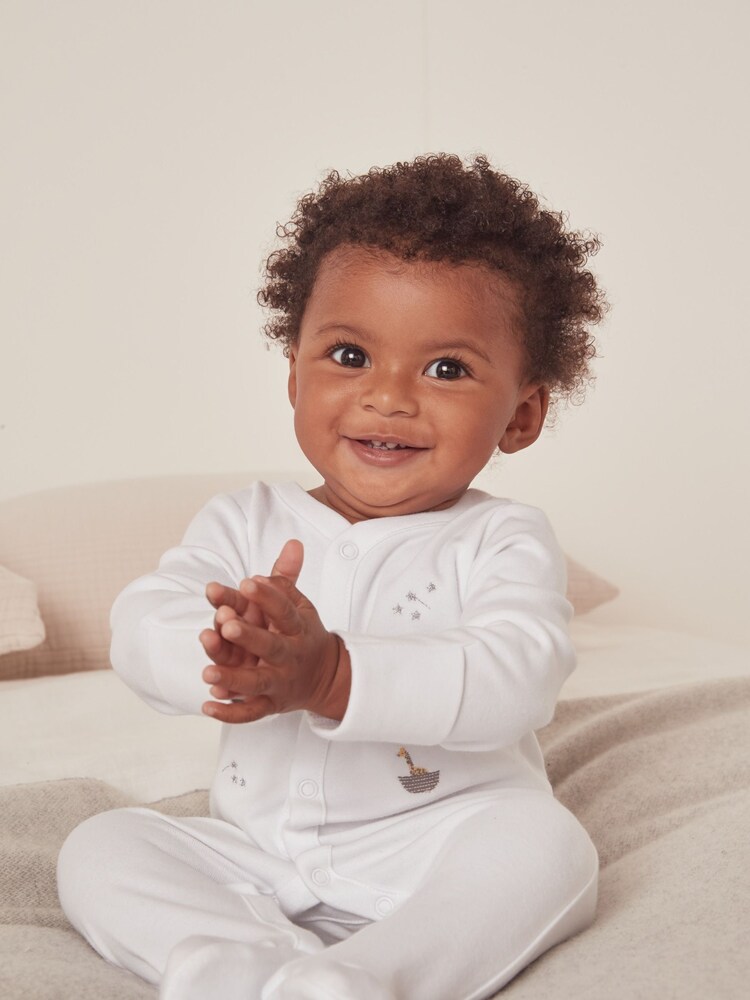 The White Company Cotton Safari Boat Embroidery White Sleepsuit - Image 1 of 4
