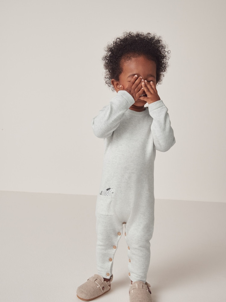 The White Company Natural Cotton Zebra Pocket Knitted Romper - Image 1 of 6