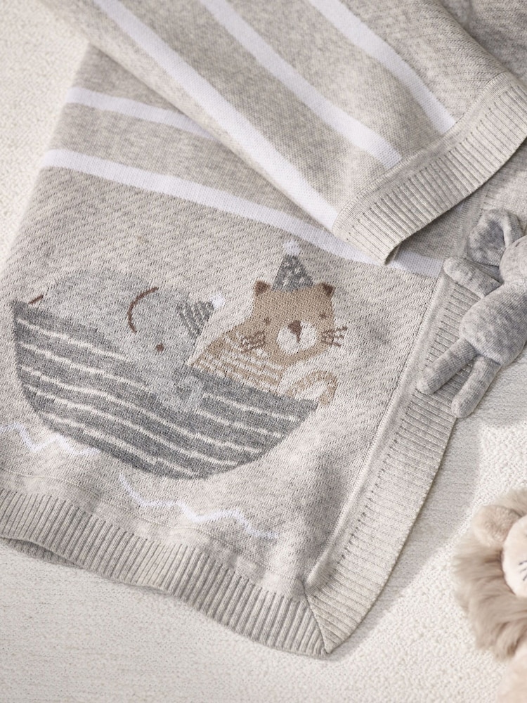 The White Company Grey Cotton Noahs Ark Safari Animal Baby Blanket - Image 1 of 2