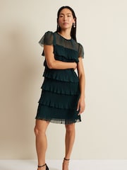 Phase Eight Dark Green Mimi Frill Mini Dress - Image 3 of 7