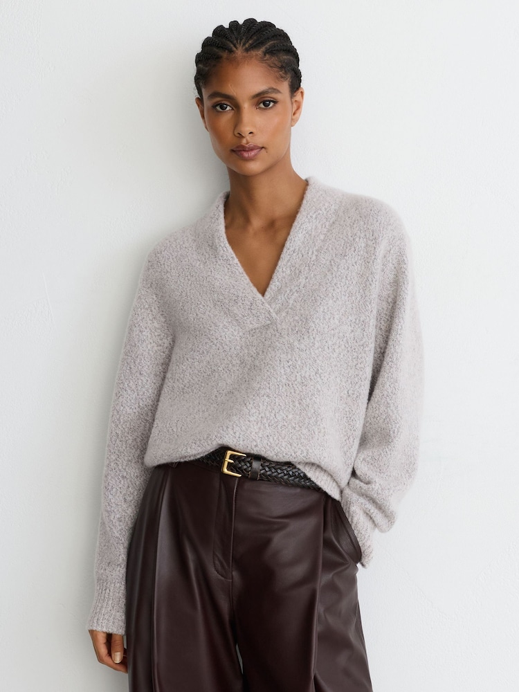 Reiss Grey Nova Cashmere-Blend Bouclé V-Neck Jumper - Image 1 of 7