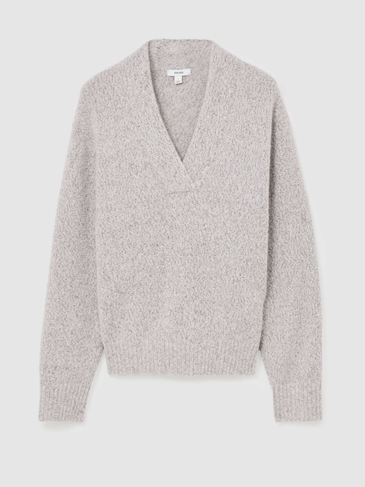 Reiss Grey Nova Cashmere-Blend Bouclé V-Neck Jumper - Image 2 of 7