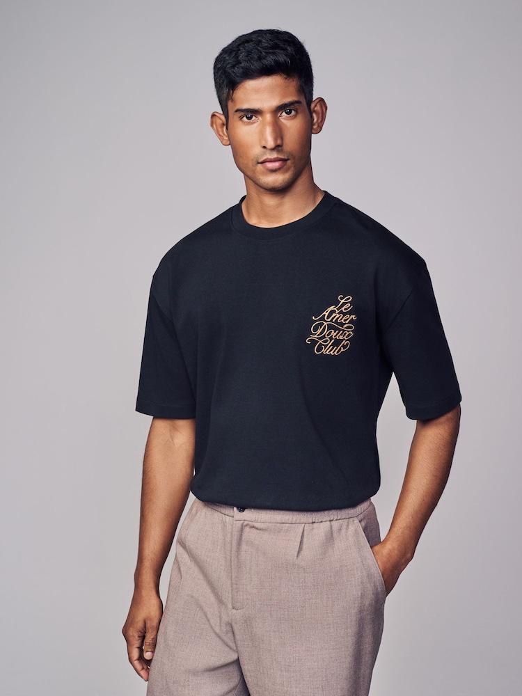 Black Parisian Relaxed Fit Print Heavyweight T-Shirt - Image 3 of 9