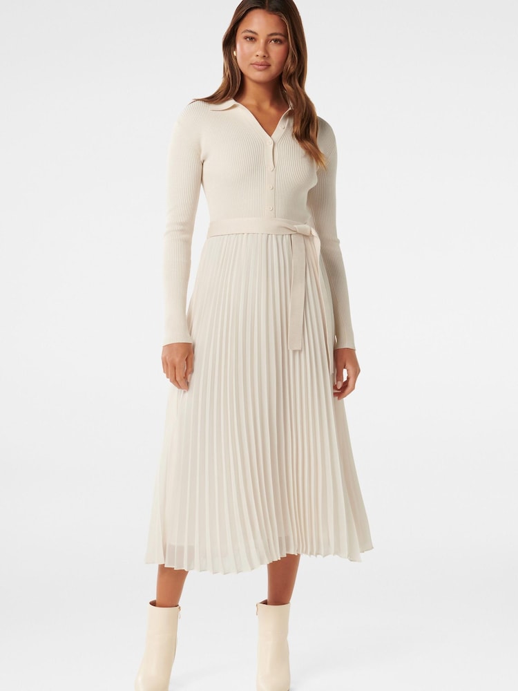 Forever New Cream Molly Pleat Hem Polo Collar Knit Dress - Image 1 of 4