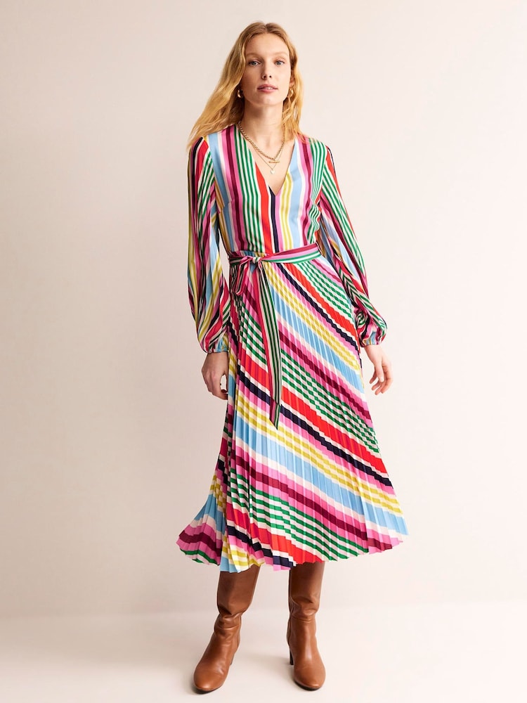 Boden Red V-Neck Pleated Midi Dress - Image 1 of 6