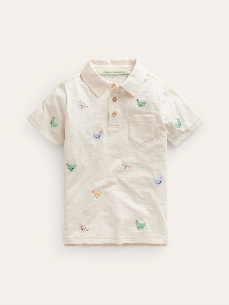 Boden Cream Chicken Embroidered Slubbed Polo Shirt - Image 1 of 3