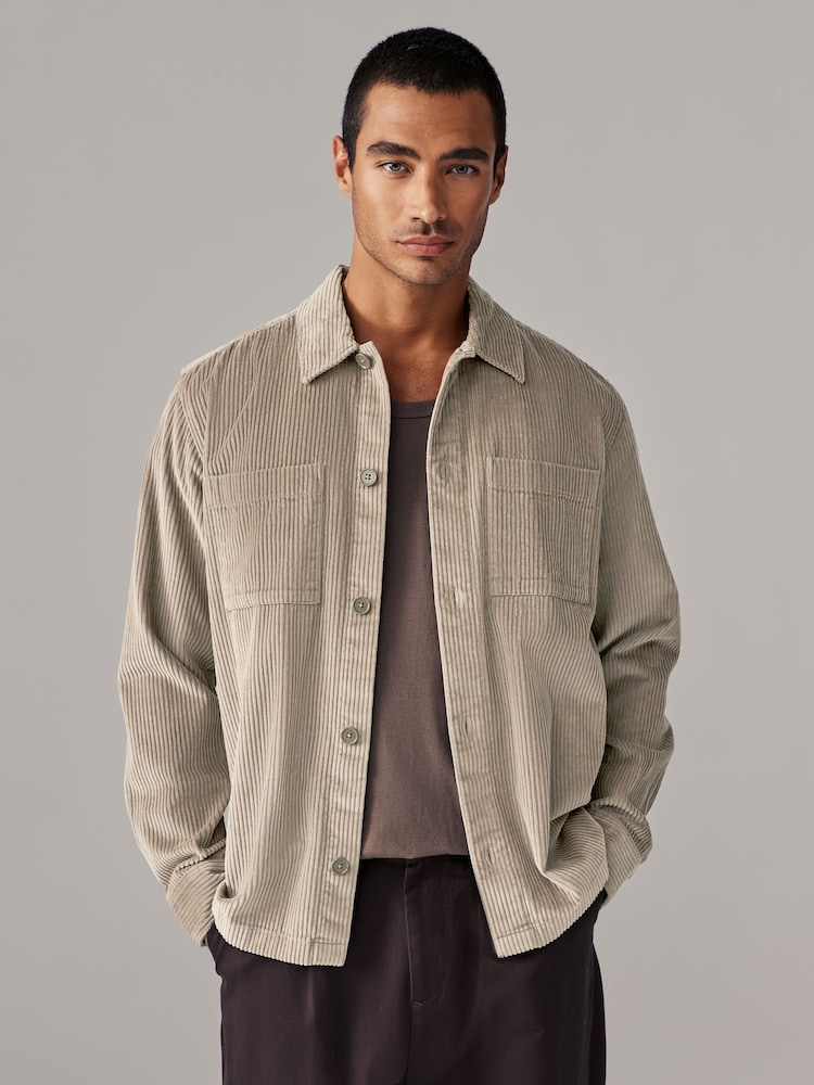 Grey Corduroy Twin Pocket 100% Cotton Shacket Overshirt - Image 2 of 8