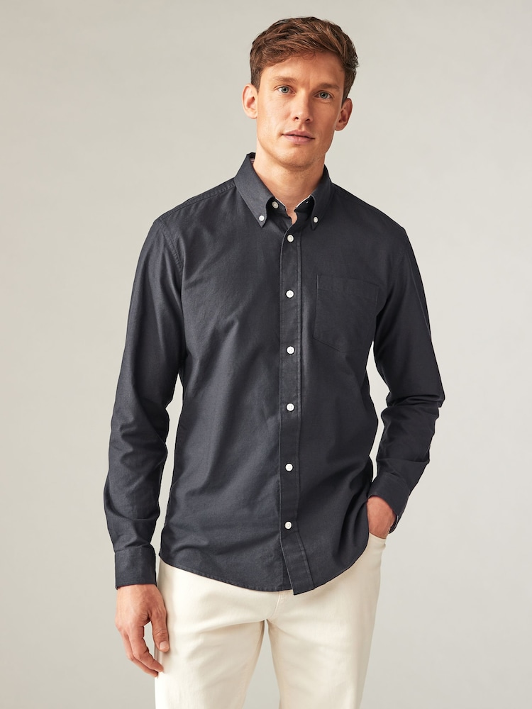 Charcoal Grey Slim Fit Long Sleeve Oxford Shirt - Image 1 of 8