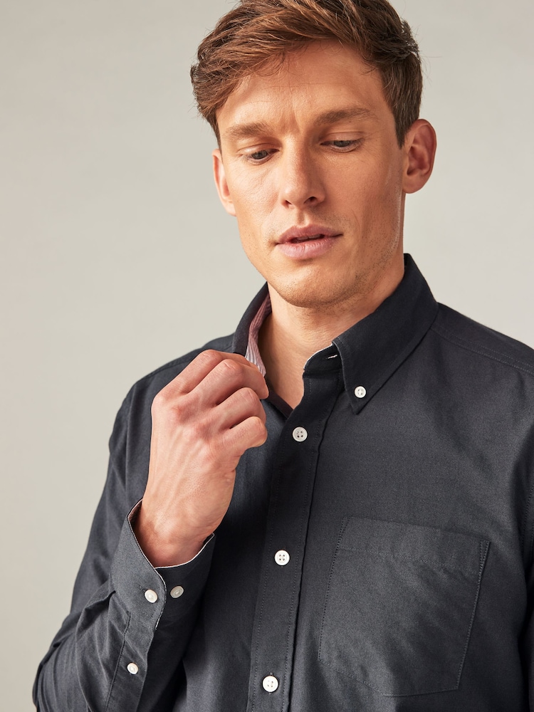 Charcoal Grey Slim Fit Long Sleeve Oxford Shirt - Image 4 of 8