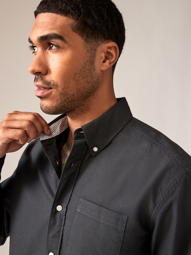 Charcoal Grey Regular Fit Long Sleeve Oxford Shirt - Image 5 of 10