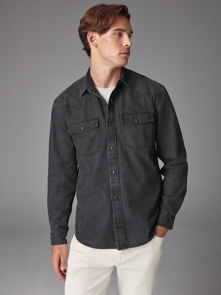 Black Denim Western 100% Cotton Long Sleeve Shirt - Image 1 of 9