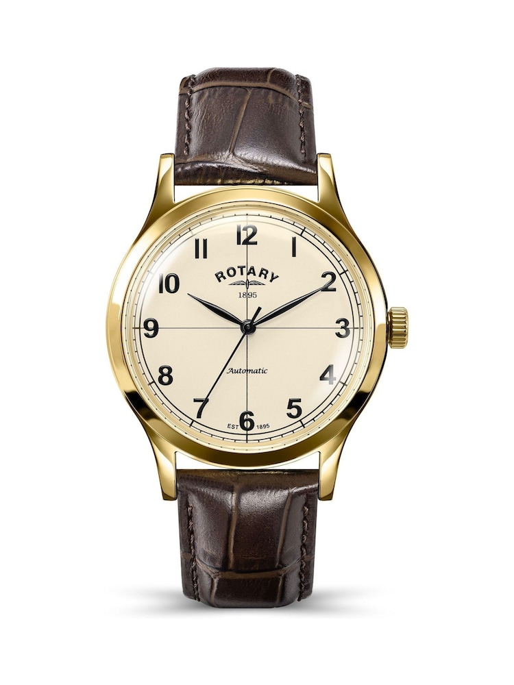 Rotary Brown Mens Automatic Gold Plated Stainless Steel Brown Leather Strap Watch - Image 1 of 5