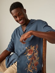 Navy Blue TENCEL™ Embroidered Short Sleeve Shirt - Image 1 of 8