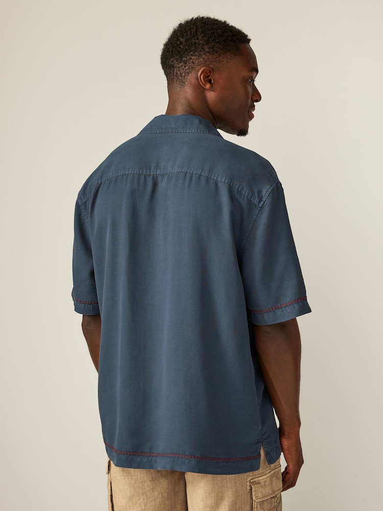 Navy Blue TENCEL™ Embroidered Short Sleeve Shirt - Image 2 of 8