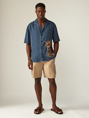 Navy Blue TENCEL™ Embroidered Short Sleeve Shirt - Image 3 of 8