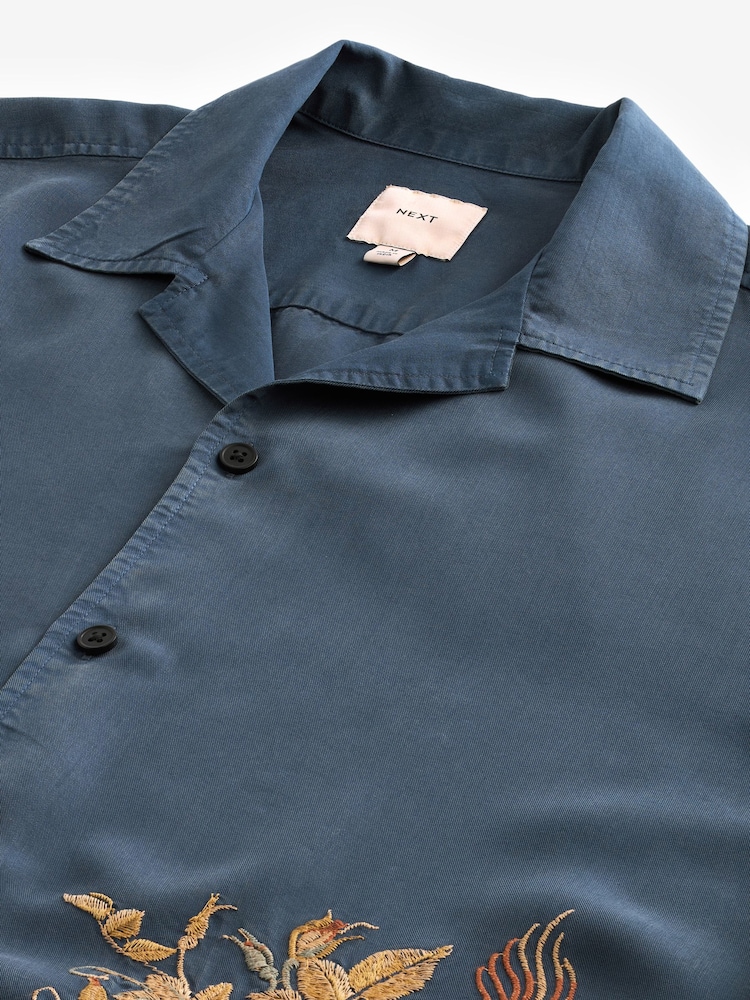 Navy Blue TENCEL™ Embroidered Short Sleeve Shirt - Image 8 of 8