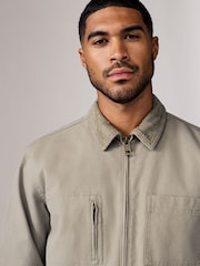لون طبيعي صخري - Zip-Through 100% Cotton Quilted Shacket Overshirt - صورة 4 من 12