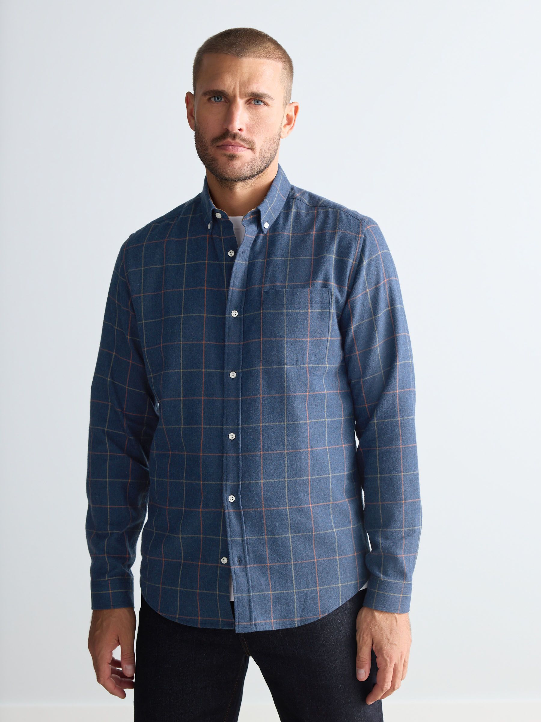 Navy Blue 100% Cotton Signature Brushed Flannel Check Long Sleeve Oxford  Shirt